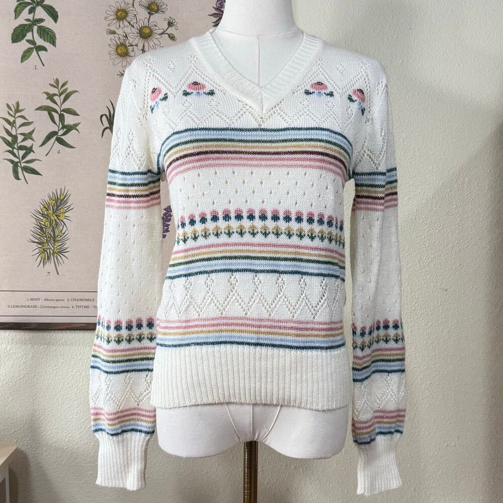 Vintage Rainbow Floral Stripe Open Knit Sweater Cottage Kawaii Coquette Dolly S